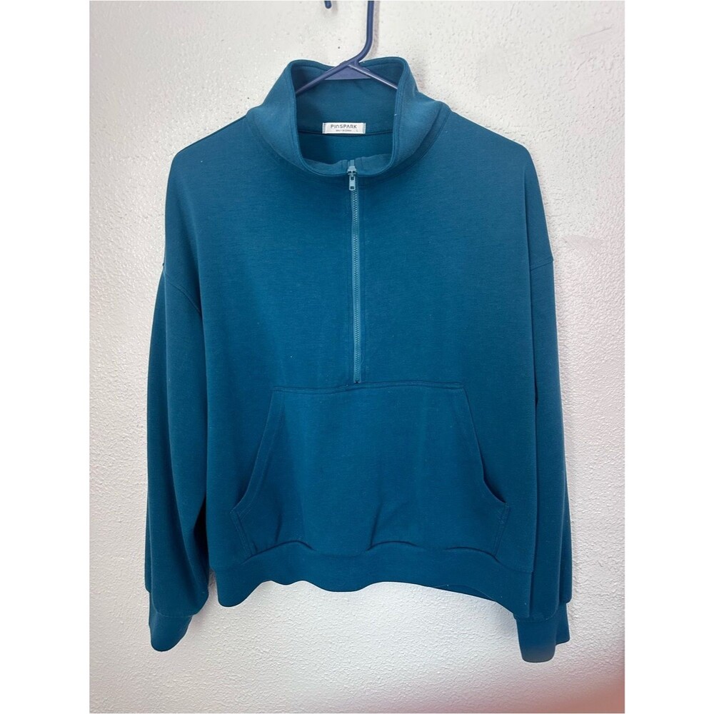Pinspark Blue Teal Women’s Large Pullover Sweatshirt Half Zip Pocket Active